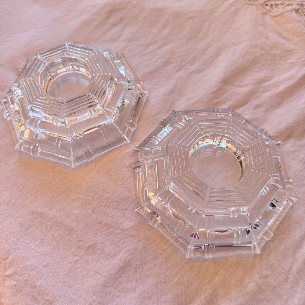 Vintage Glass Pyramid Tealight Candle Holders Pair Bamboo Pattern Clear 4.75"